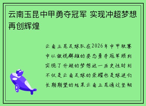 云南玉昆中甲勇夺冠军 实现冲超梦想再创辉煌